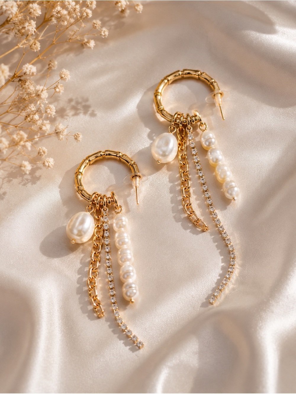 Gold Pearl Drop Hoop Earrings - Women Jewelry